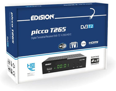 EDISION PICCO T265, 2024 Nuevo Español TDT Decodificador TV DVB-T2, Full HD, H265 HEVC, PVR, USB, HDMI, SCART, Control Remoto IR 2 en 1, Receptor DVB-T2 Alta Definición, Soporte WiFi USB